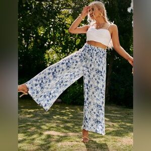 Simplee Plus Floral Print Shirred Frill Waste Wide Leg Pant